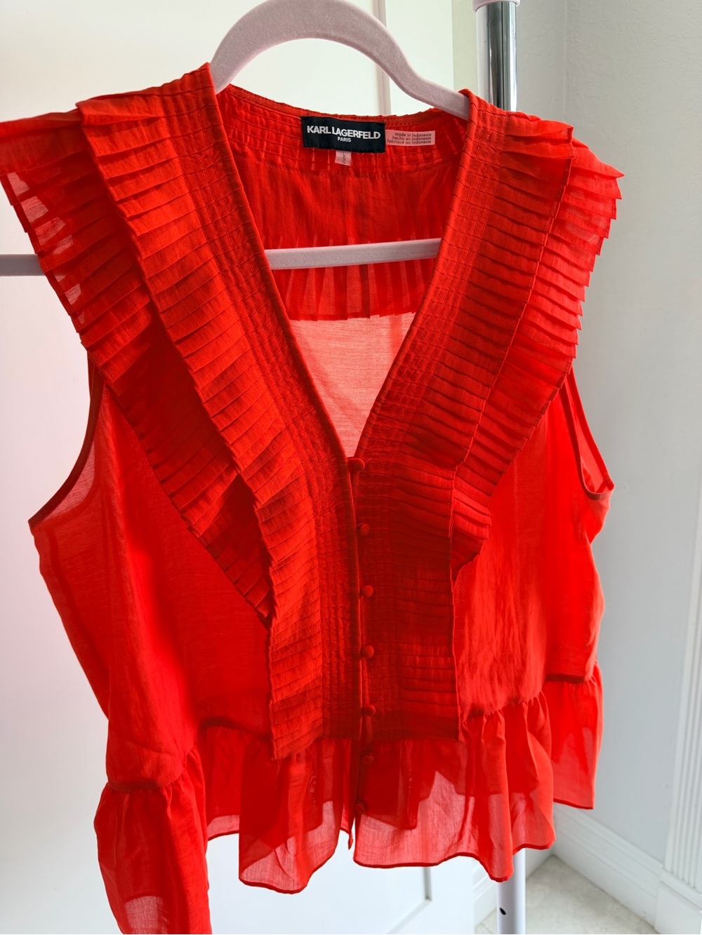 Karl Lagerfeld Paris Red Sleeveless Ruffle-Trim Blouse